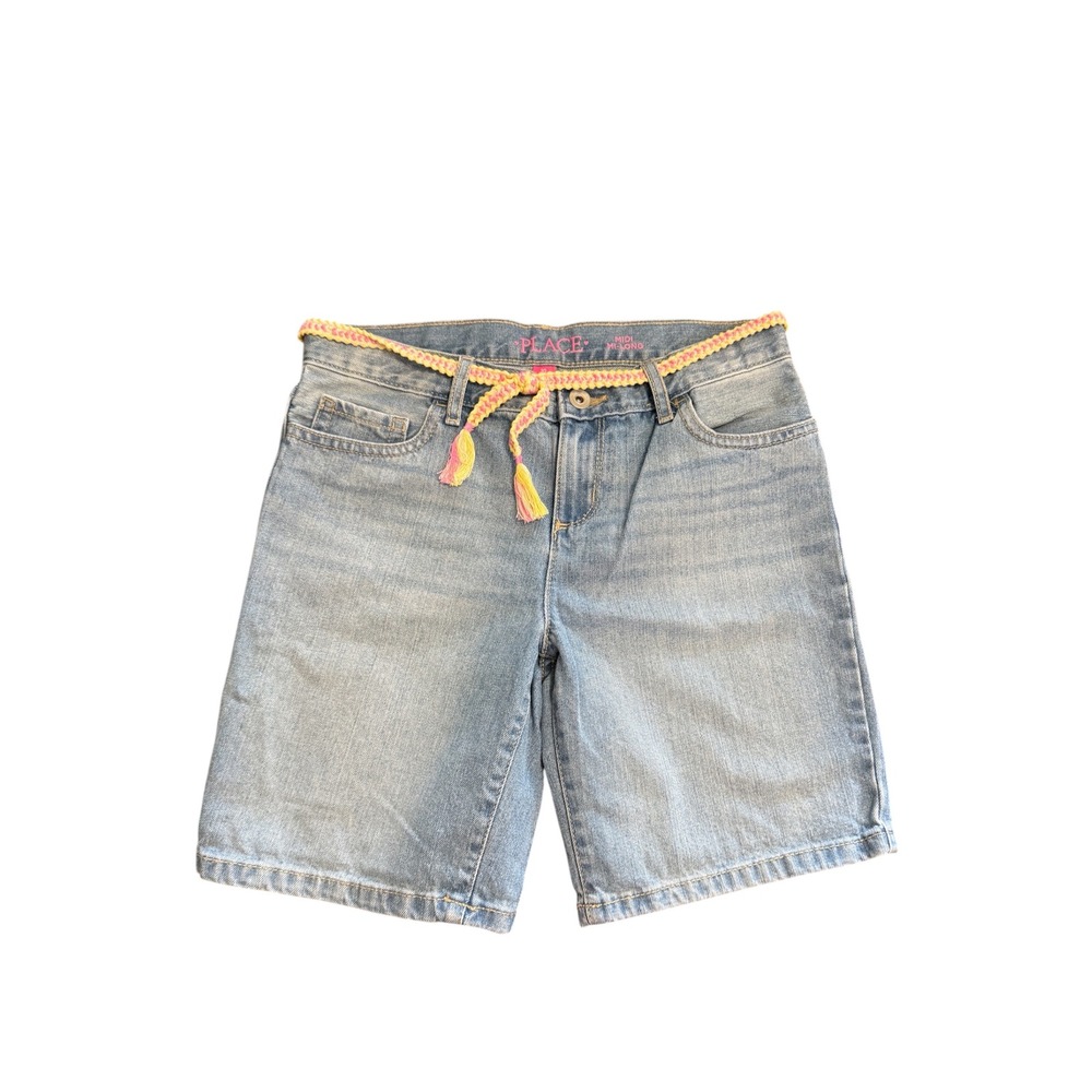 The Childrens Place Girls Light Wash Denim Midi Shorts Braided Belt Size 10 Plus